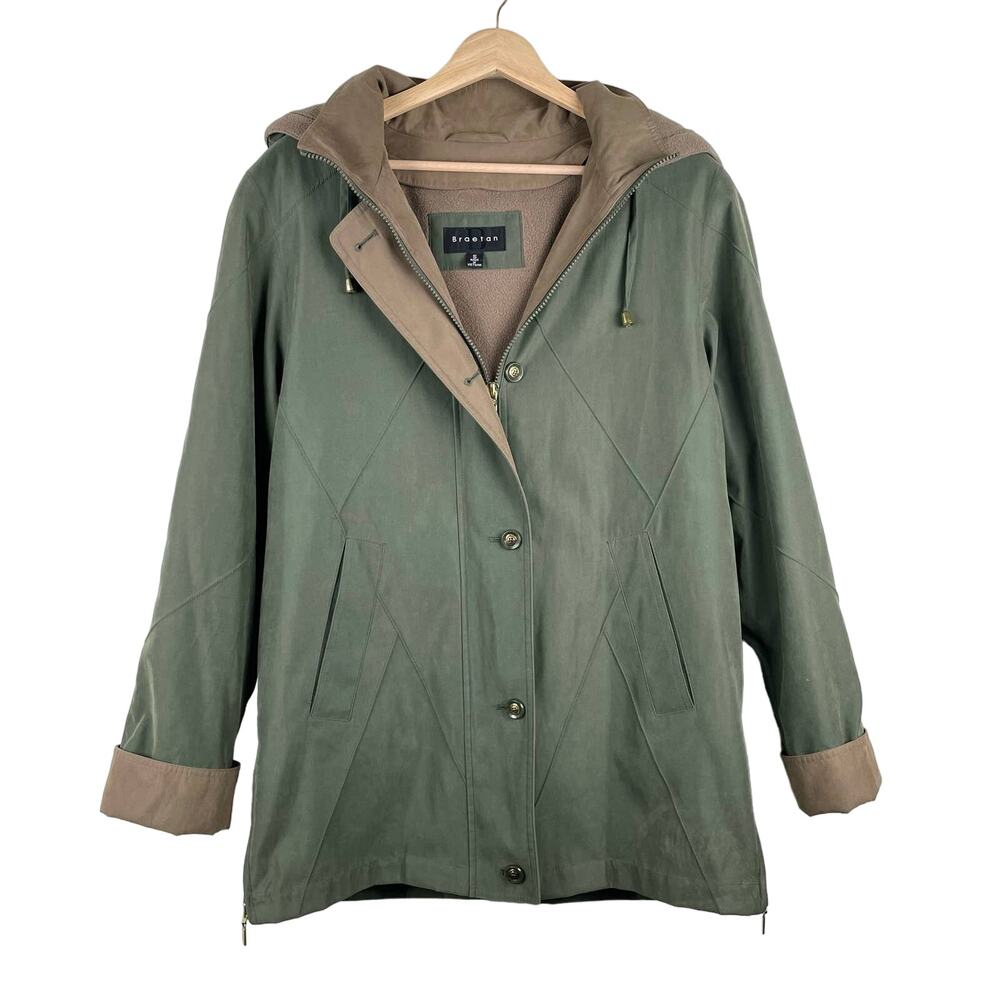 Vintage Green Hooded Jacket Windbreaker with Fleece Liner - Size S